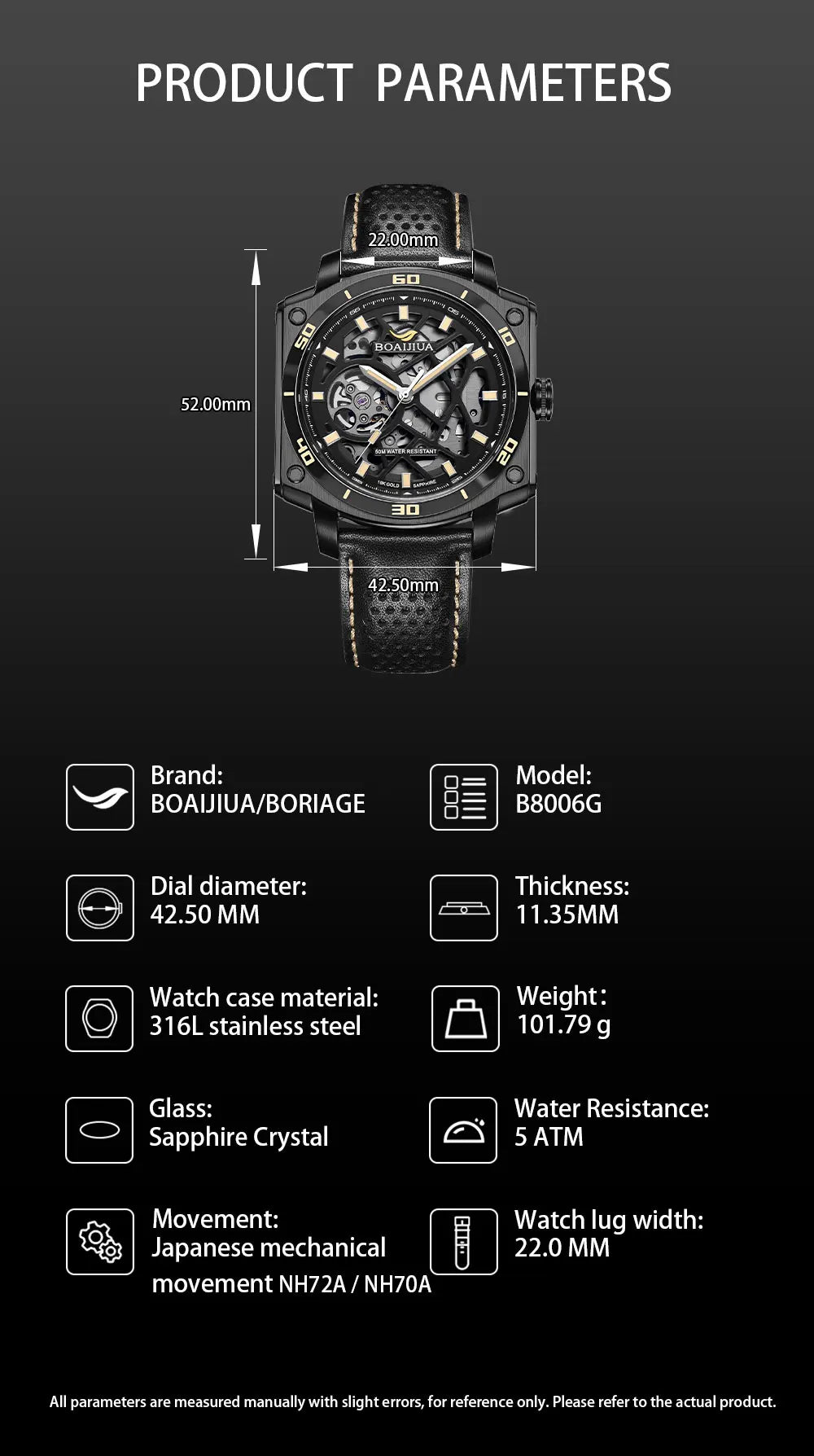 BORIAGE(BOAIJIUA) Men's Fully Automatic Mechanical Watch Original Design Cut out 50m Water Resistant Luminous Wristwatch