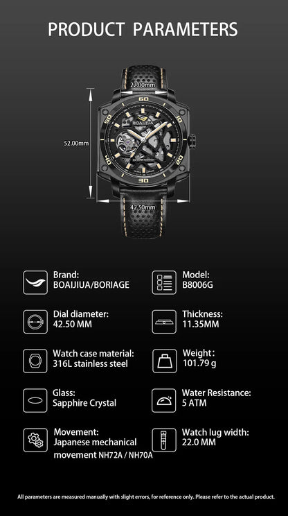 BORIAGE(BOAIJIUA) Men's Fully Automatic Mechanical Watch Original Design Cut out 50m Water Resistant Luminous Wristwatch