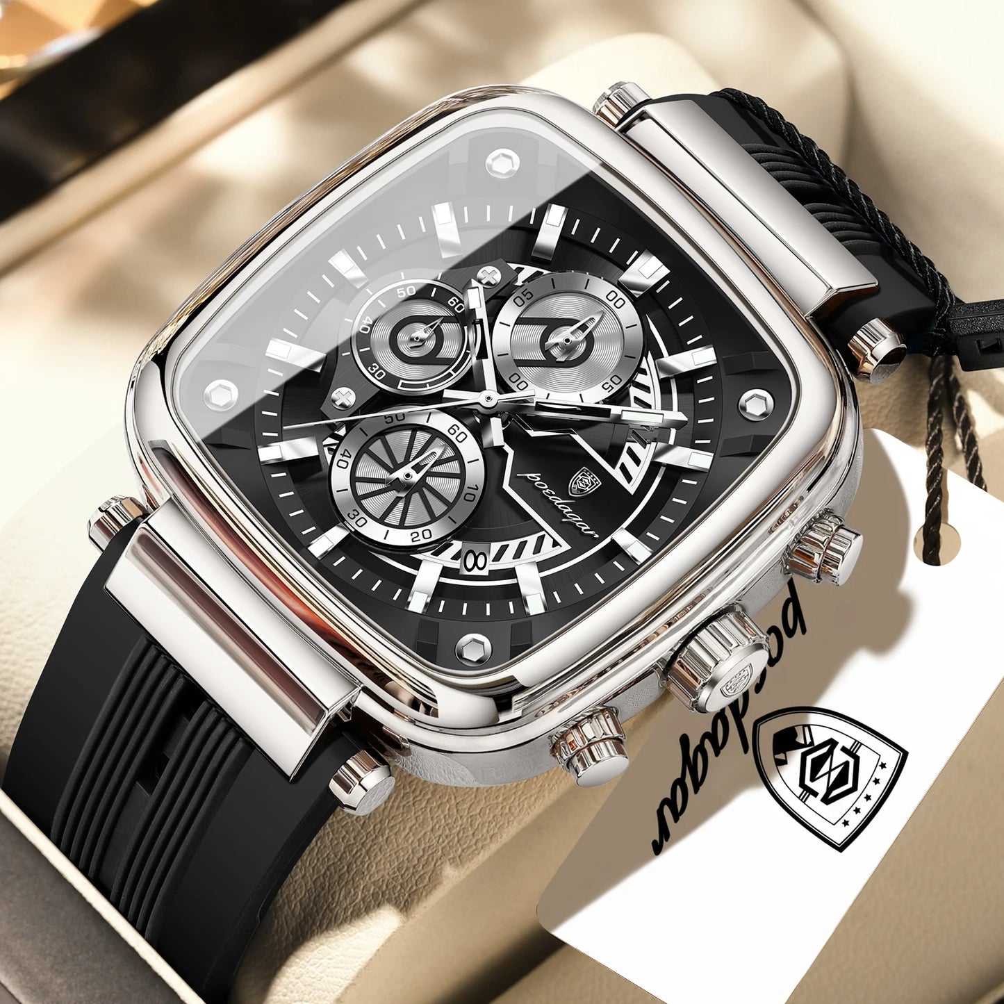 POEDAGAR Square Sport Man Wristwatch Date Waterproof Luminous Chronograph Watch For Men Silicone Strap Men's Quartz Watches Male