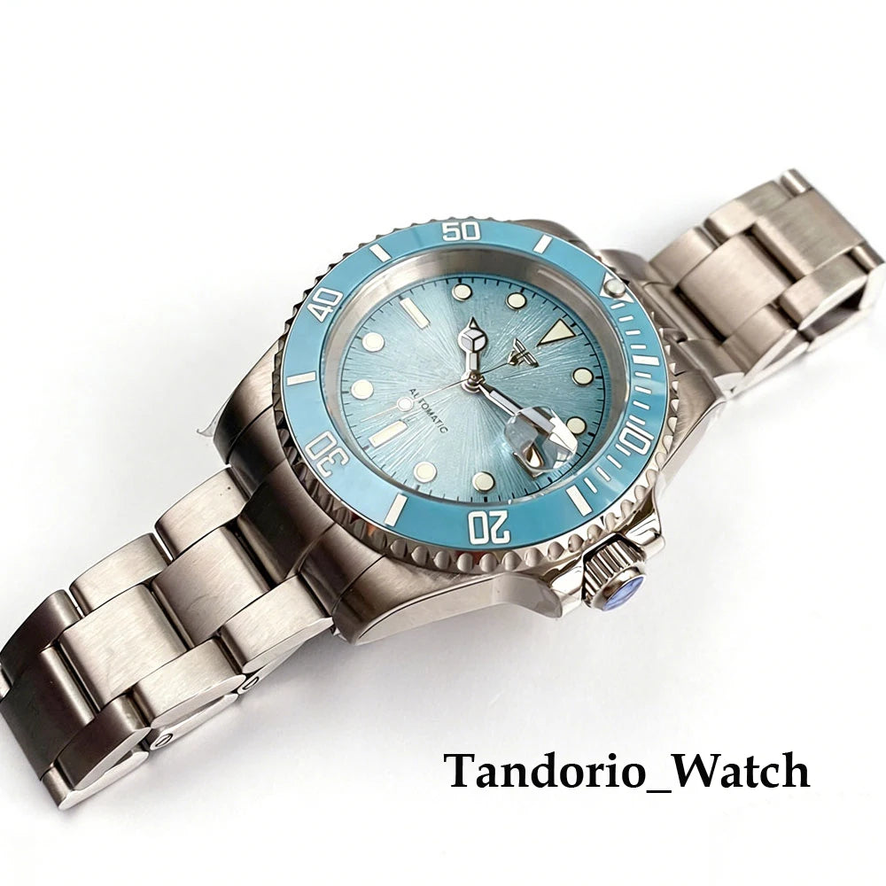 Tandorio 20ATM 40mm Men's Automatic Diver Watch For Miyota 8215 Asia 2824 Sapphire Glass Ice Blue Stainless Steel Jubilee Watch