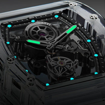 BONEST GATTI Automatic Movement Tourbillon Mechanical Wristwatch Crystal Case Luminous Watch Fluororubber Strap Watches for Men