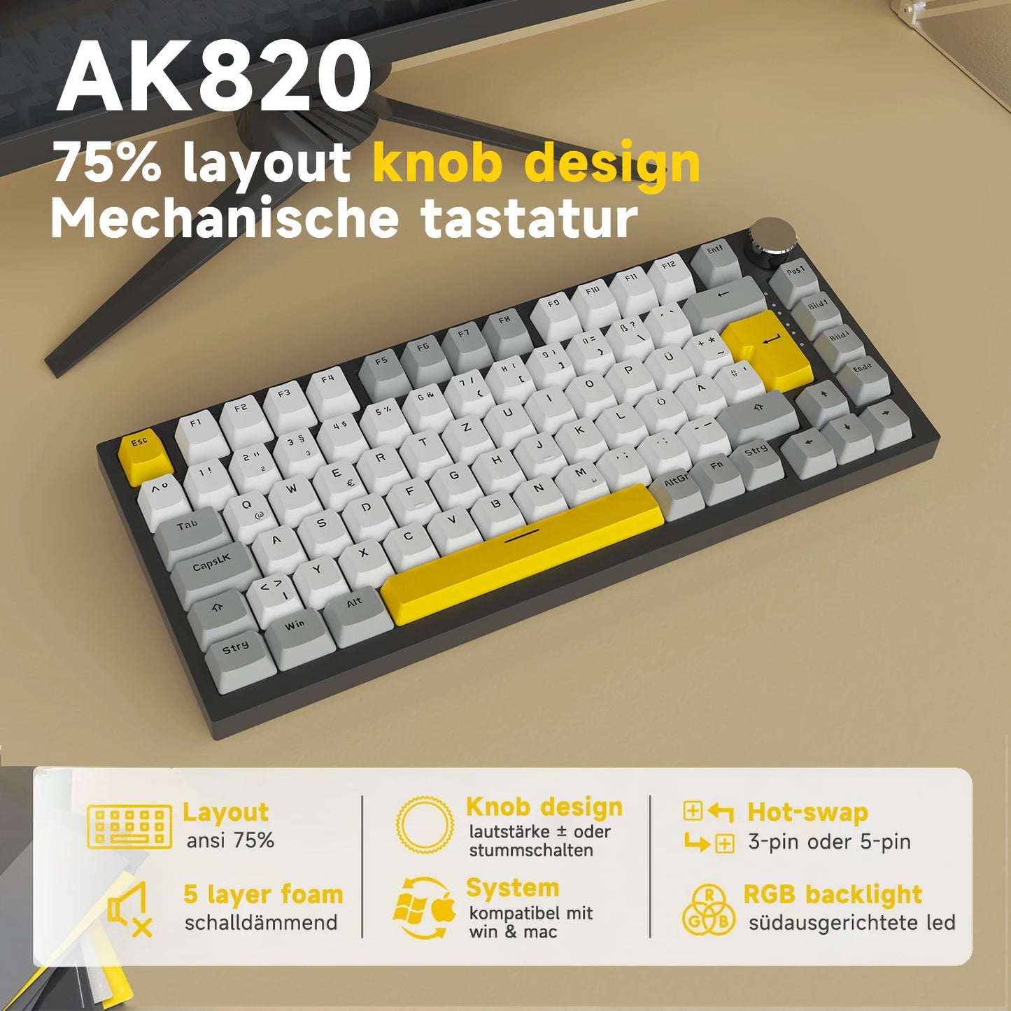 German Version Ajazz Ak820 Gaming Mechanical Keyboard, German Keyboard, ISO-DE Layout Qwertz Hot-Swappable Volume Knob, Holiday Gift