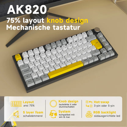 German Version Ajazz Ak820 Gaming Mechanical Keyboard, German Keyboard, ISO-DE Layout Qwertz Hot-Swappable Volume Knob, Holiday Gift