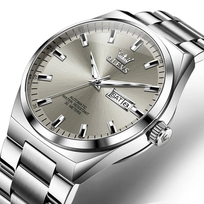 OLEVS Wristwatches Silver Gray Dial Automatic Mechanic Wrist Watch for Men Casual Sports Clock with Luminous relogios masculino