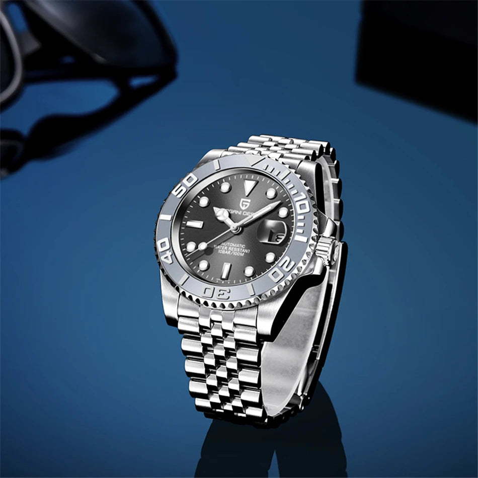 PAGANI DESIGN Automatic Watch Rose Gold Diver Watch 100M Waterproof Luxury Sport Wristwatch Black Rubber Strap Relogio Masculino