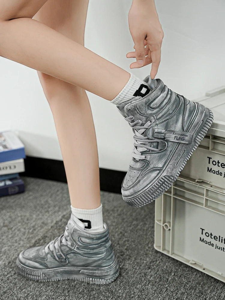 Autumn and winter high top men's shoes fashion trend retro gray children's and young men's parent-child shoes work sports and le