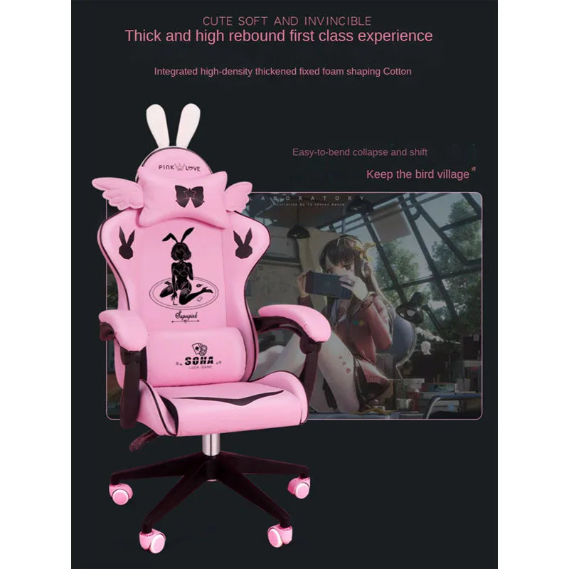 Pink Gaming Chair High-Quality Girls Cartoon Home Live Gamer Chair Comfortable Swivel Chair Adjustable Office Computer Chair