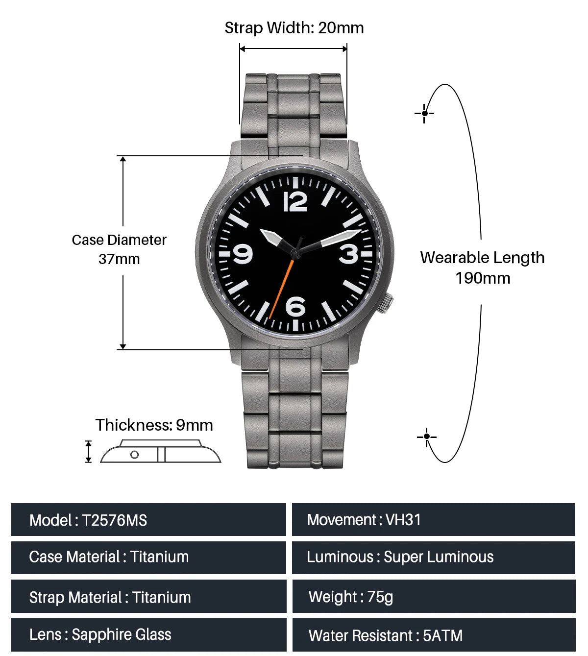 BERNY Full Titanium Watches for Men Super Luminous Sapphire Sports Field Quartz Men's Watch VH31 Wristwatch 5ATM Easy Read
