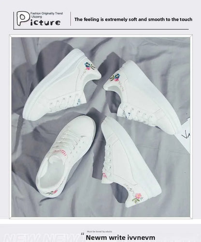 Scarpe da donna 2025 da running primavera/autunno, sneakers casual bianche traspiranti con fiori ricamati e lacci