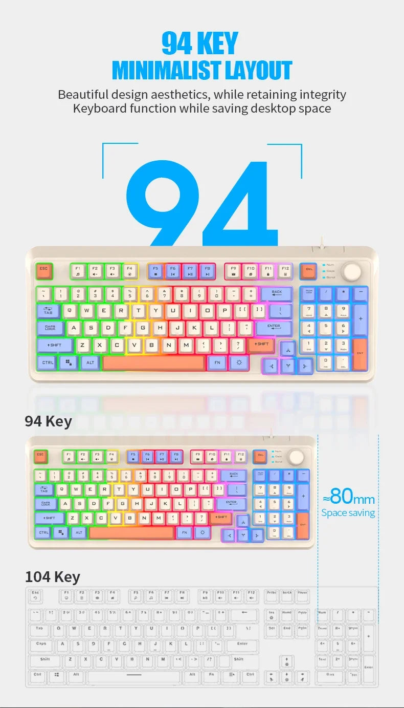 K82 Gaming Keyboard Glows Wired USB Desktop PC/Notebook Available 19-key punchless knob to adjust volume