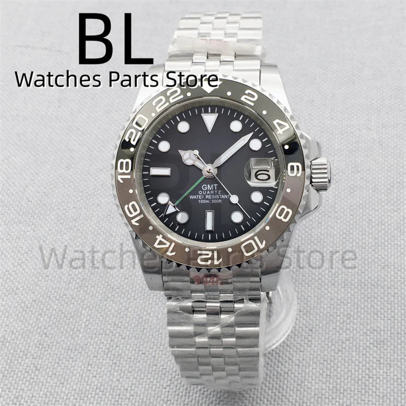 BLIGER 40mm 515 24H GMT Men's Watch Stainless Steel Clasp Luminous Quartz Movement Ceramic Bezel 10Bar Waterproof Sapphire Glass
