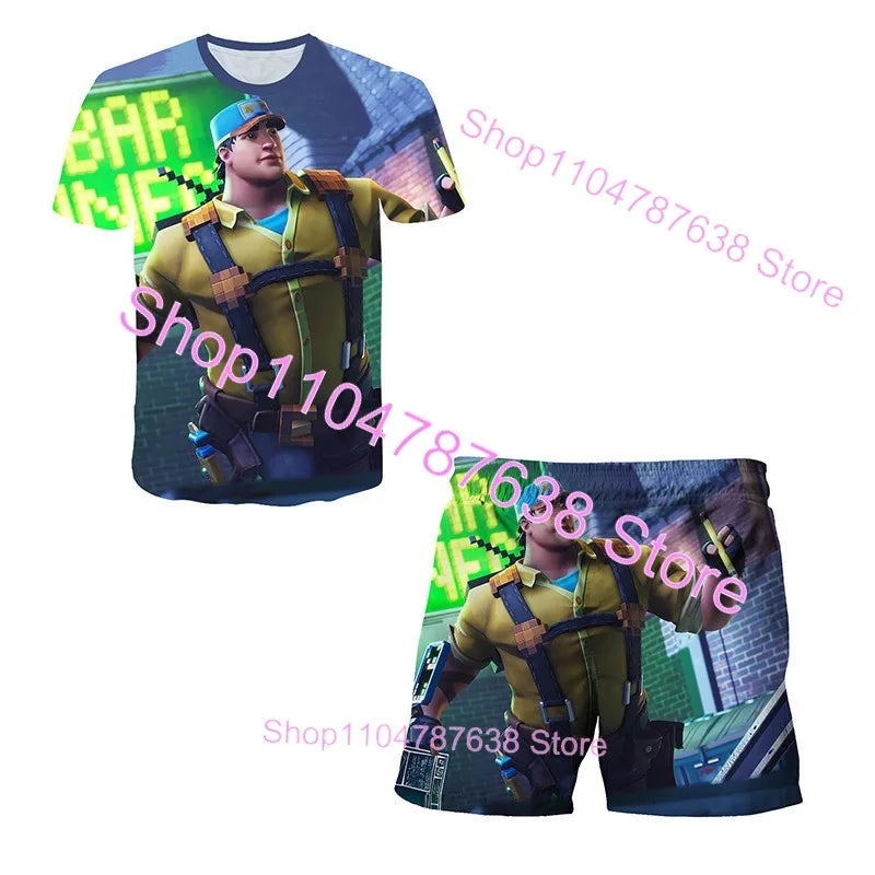 Conjunto Infantil 2 Peças F-Fortnited Victory 3D, T-shirt e Calções para Meninas e Meninos, Roupa Battle Royale, T-shirts Harajuku Hero