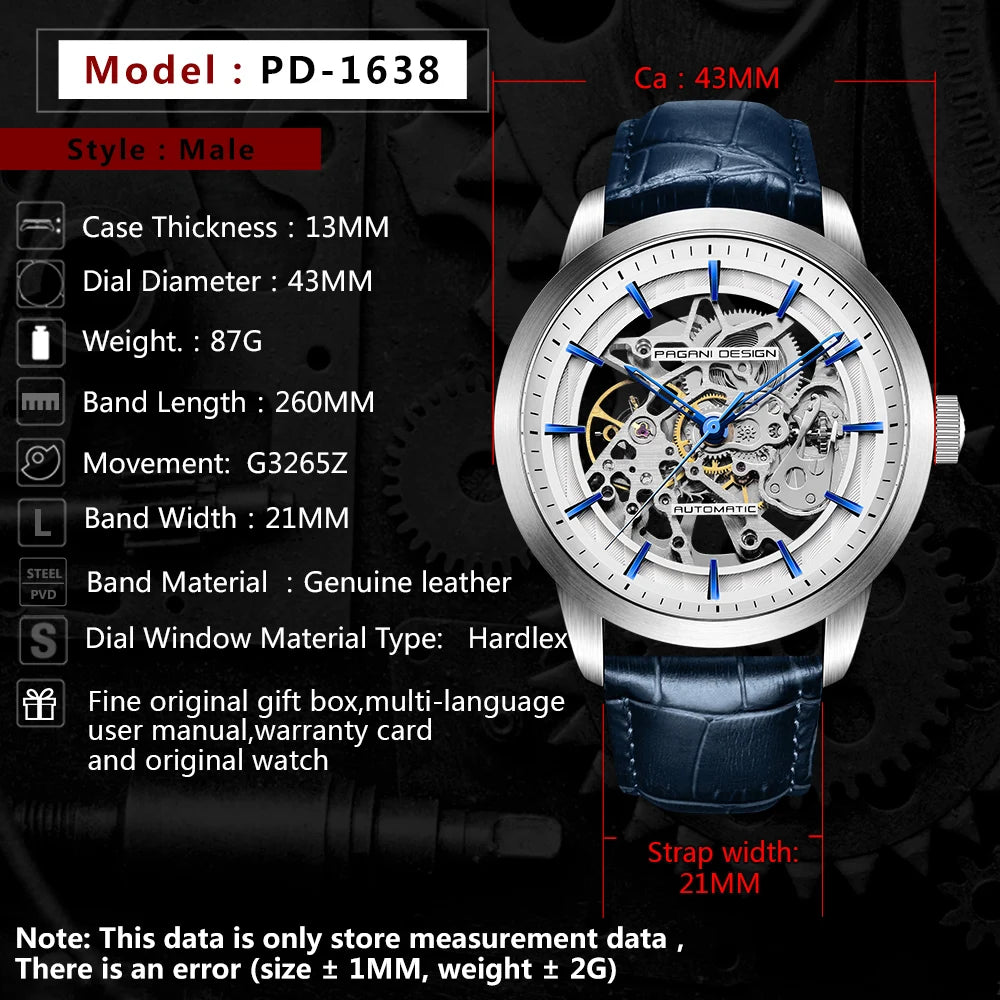PAGANI DESIGN Új, csontvázszerkezetű férfi mechanikus karórák – csúcsminőségű luxus automata karórák férfiaknak, kék bőr szíjjal, vízálló karóra férfiaknak