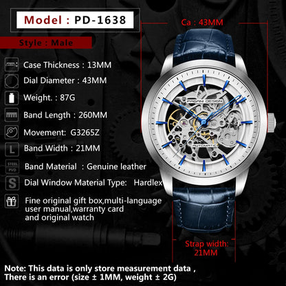 PAGANI DESIGN Új, csontvázszerkezetű férfi mechanikus karórák – csúcsminőségű luxus automata karórák férfiaknak, kék bőr szíjjal, vízálló karóra férfiaknak