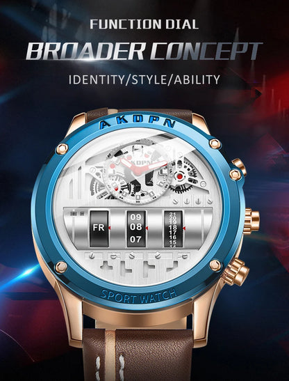 Luxury Electronic Quartz Watch For Men Business Watches Male Creative Men WristWatch Unique Rotate Date Leather Strap Watches