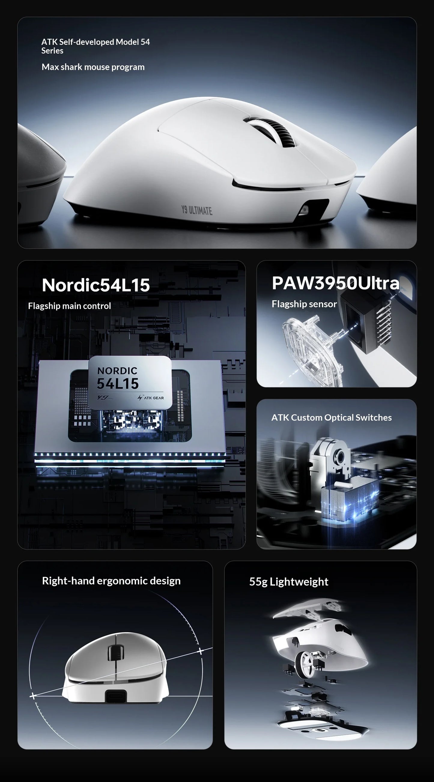 Rato Gaming Sem Fios ATK Dragonfly Y9 PAW3950 Ultra Nordic54L15 8Khz de Alto Desempenho para Computador, Escritório e Acessórios de Rato