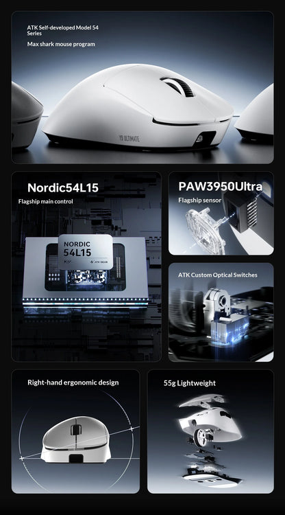 Rato Gaming Sem Fios ATK Dragonfly Y9 PAW3950 Ultra Nordic54L15 8Khz de Alto Desempenho para Computador, Escritório e Acessórios de Rato