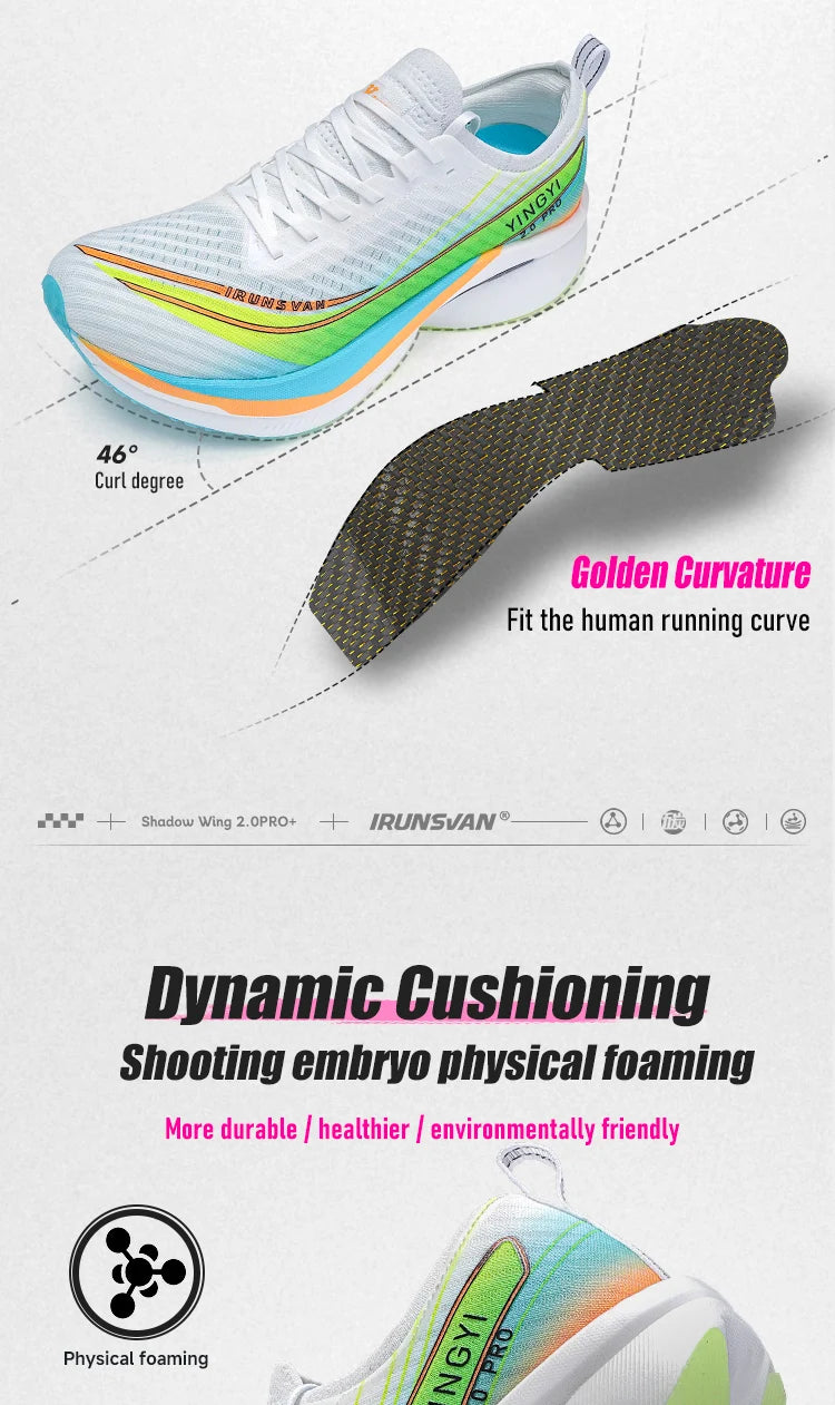 2025 IRUNSVAN SHADOW WING 2.0 PRO Sapatilhas de Corrida Desportivas de Maratona com Amortecimento Air Cushion, Placa de Carbono, Trail Running, Leves