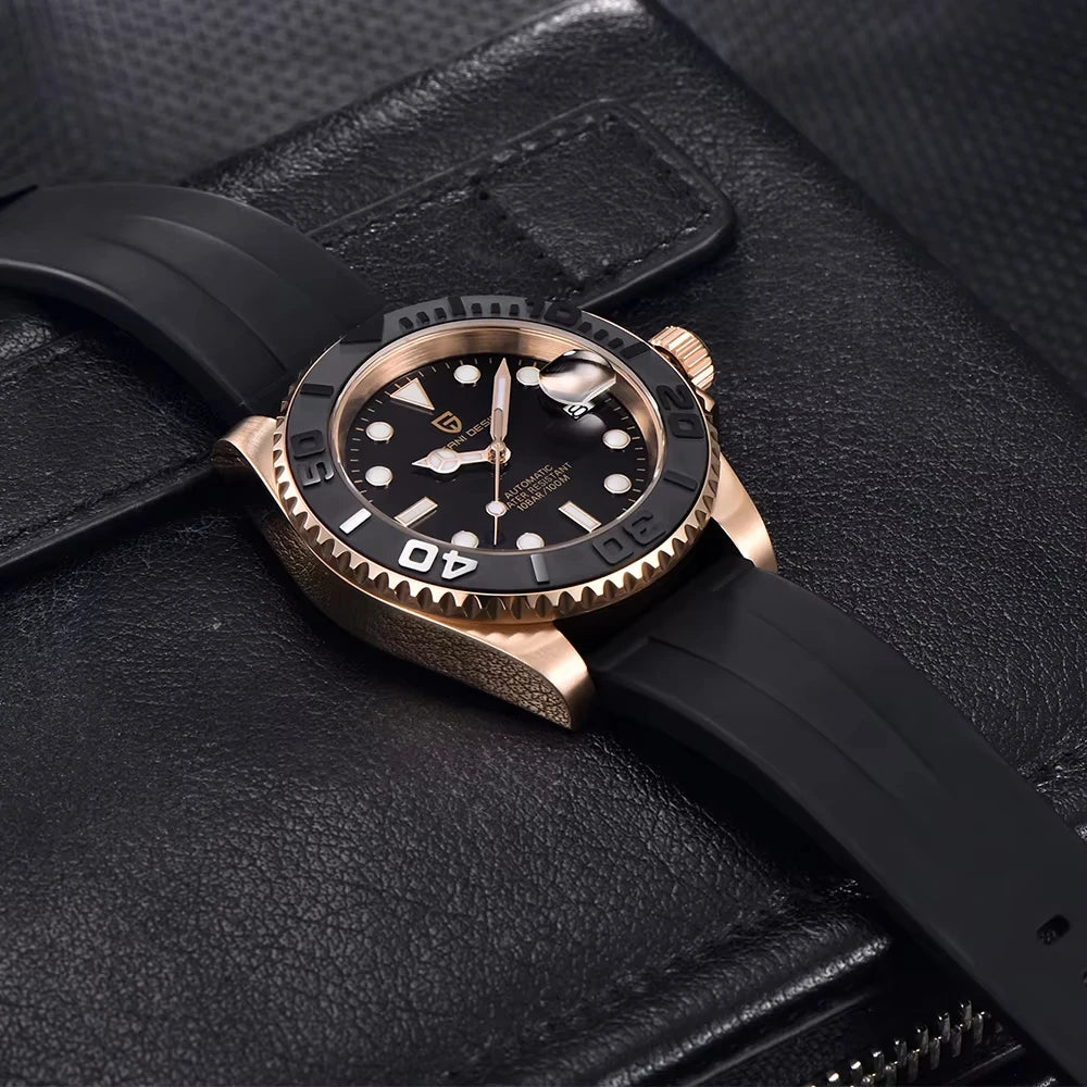 PAGANI DESIGN Automatic Watch Rose Gold Diver Watch 100M Waterproof Luxury Sport Wristwatch Black Rubber Strap Relogio Masculino
