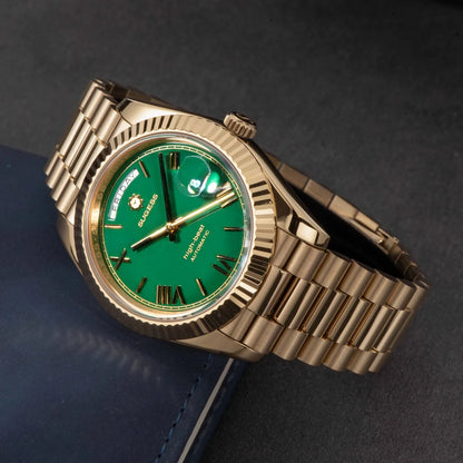 Sugess Watch Mens 40mm Date Day Automatic Dandong Peacock SL3034 Movement Retro Mechanical Wristwatch Sapphire Glass Golden New