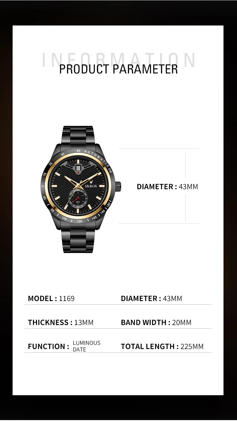 SKROX Luxury Sapphire Stainless Steel Automatic Movement Mechanical Clockwork Man Watch Military Waterproof Men's Wrist Watches