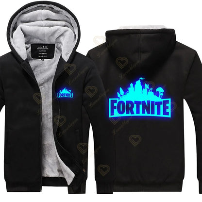 Sweat-shirts com capuz luminosos Fortnite de inverno, quentes, para homem e mulher, cosplay de jogo, em velo espesso, com fecho, casaco e sobretudo para casal