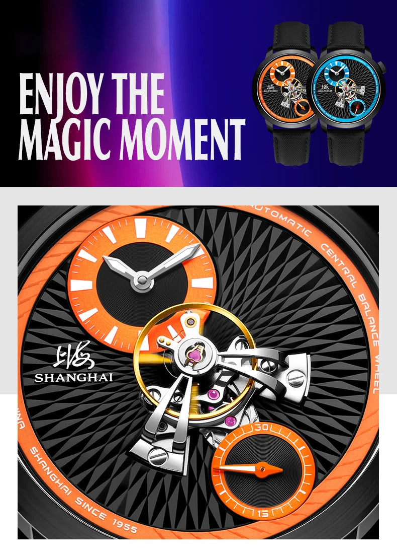 Shanghai Watch Sky Dome Center Flywheel Men's Watches Luminous Automatic Mechanical Wristwatch 50M Water-resistance Watches 2101