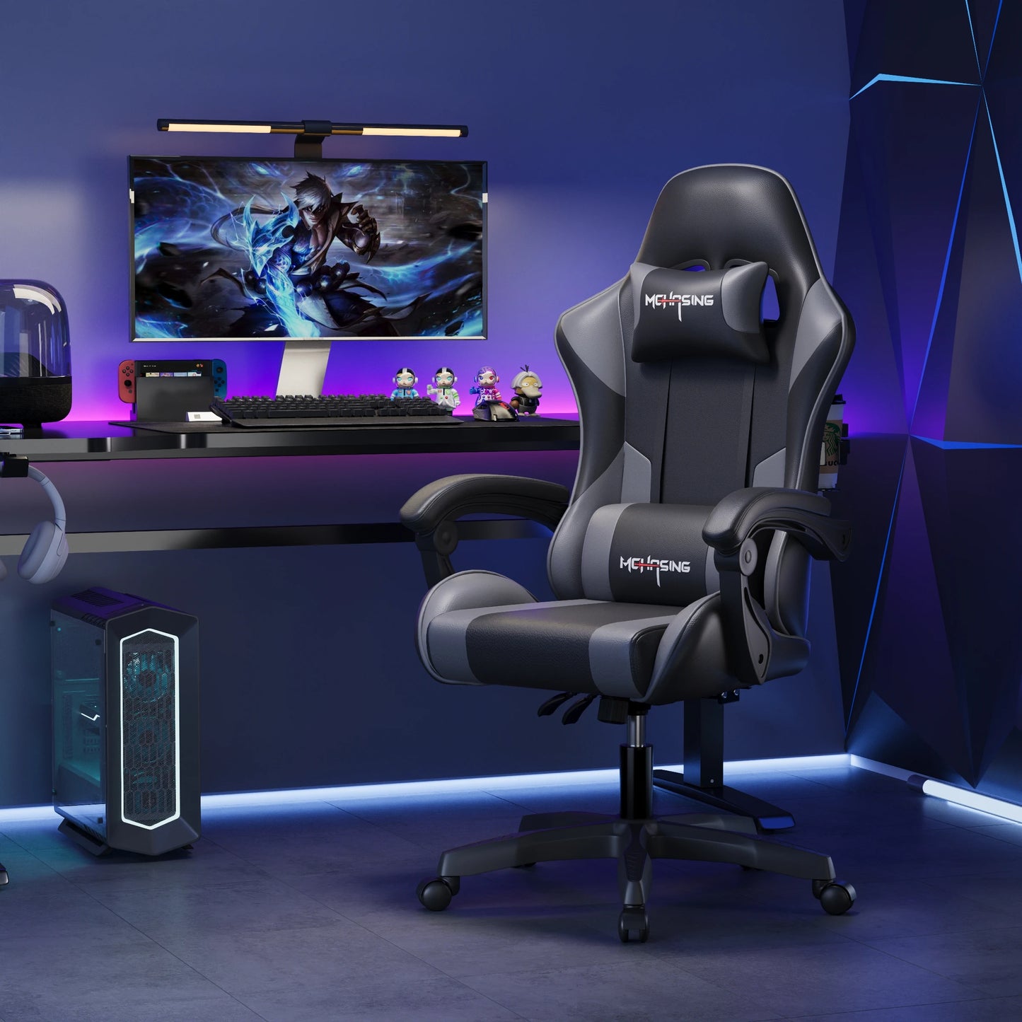 Cadeira Gaming Ergonómica de Design Moderno Giratória para Escritório e Casa, Cadeira E-sport com Rodas, Estilo Rotativo, para Computador
