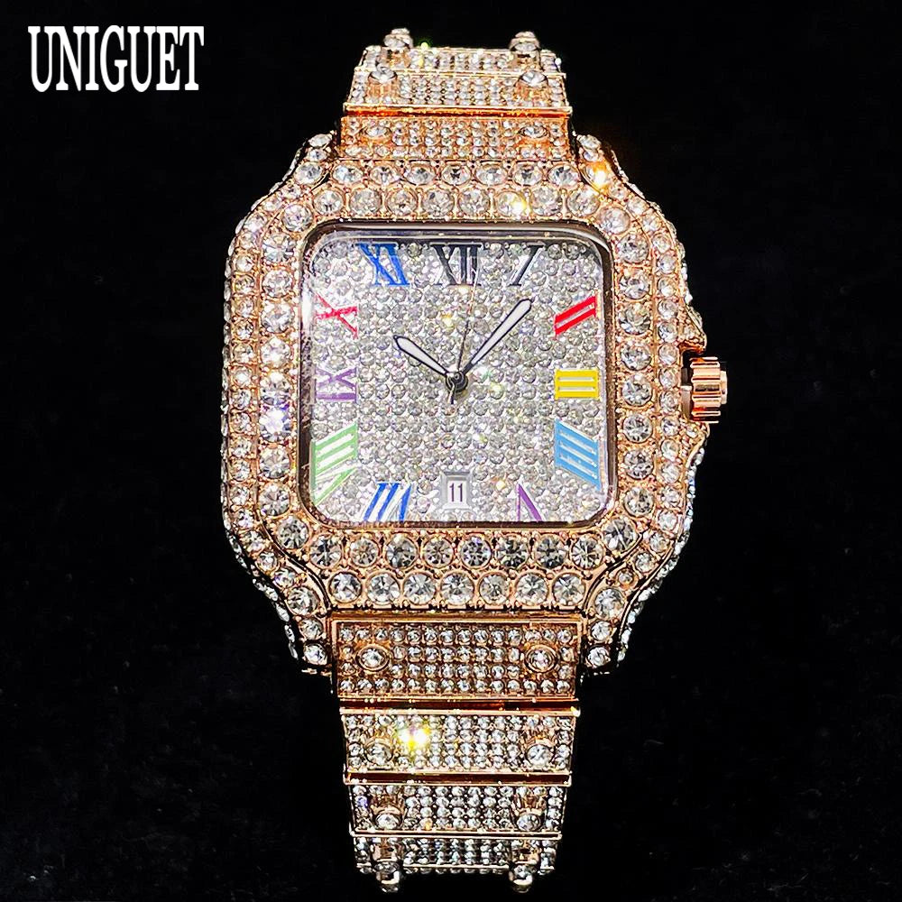 UNIGUET Big Diamond Watch Men Luxury Colored Roman Literal Watch Man Hip Hop Jewelry Bling Bling Square Wristwatch Dropshipping