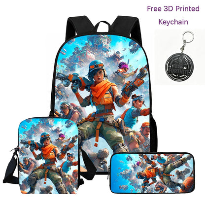 3Pcs Kids Backpack Set, Crossbody & Pencil Bag, FORTNITE Cartoon Bag, Lightweight for Boys Girls 6-10, Free 3D Printed Keychain