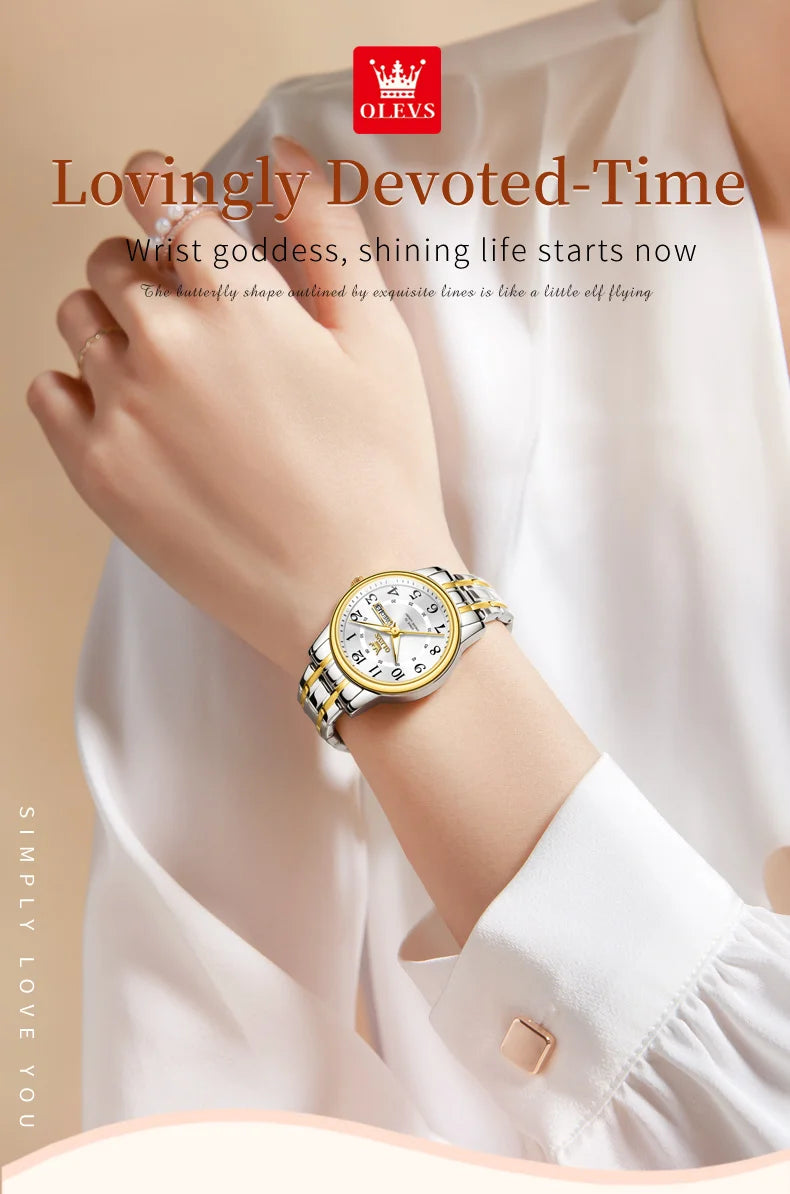 OLEVS 2891 Luxury Brand Fashion Women's Watches Waterproof Luminous Quartz Watch Dual Calendar Stainless Steel Strap Wristwatch