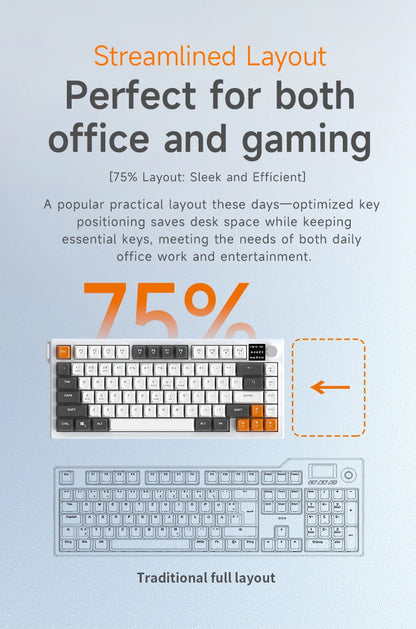 Teclado AJAZZ AF82 Office Low Profile RGB com fios/sem fios para gaming, layout 75%, 82 teclas, bateria de 4000mAh para Win/Mac