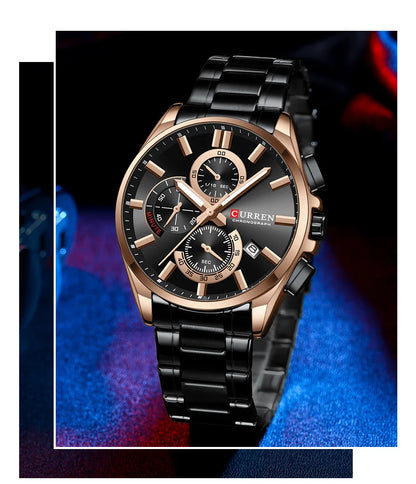 CURREN Men's Stainless Steel Chronograph Watches with Luminous Hands,Triple Sub-Dials Auto Date Fashion Design Quartz Wristwatch