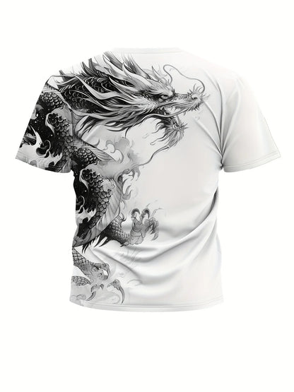 T-shirt til mænd med drageprint, afslappet åndbart stof, grafisk tee i street style, udendørs mode, kortærmet skjorte, herre-T-shirts