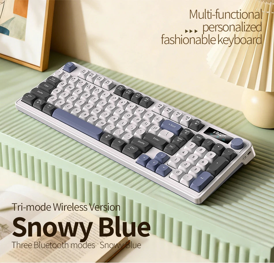 98 key Wireless Keyboard Knob Control BT/2.4g/Wired, RGB LED Backlight Display, 2000mA Battery for PC/Laptop
