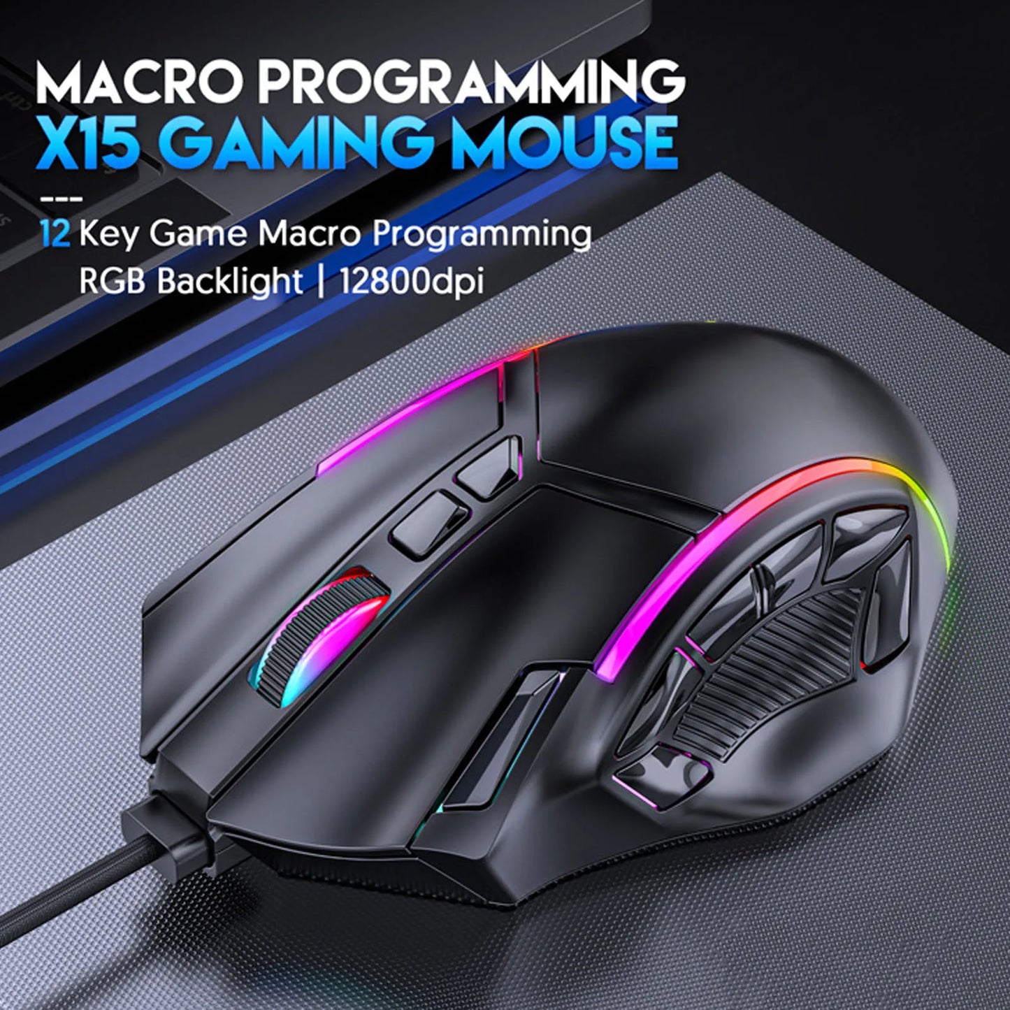 Rato Gaming RGB 12800DPI com Fio, 12 Teclas Macro, Acessórios de Substituição para Computador