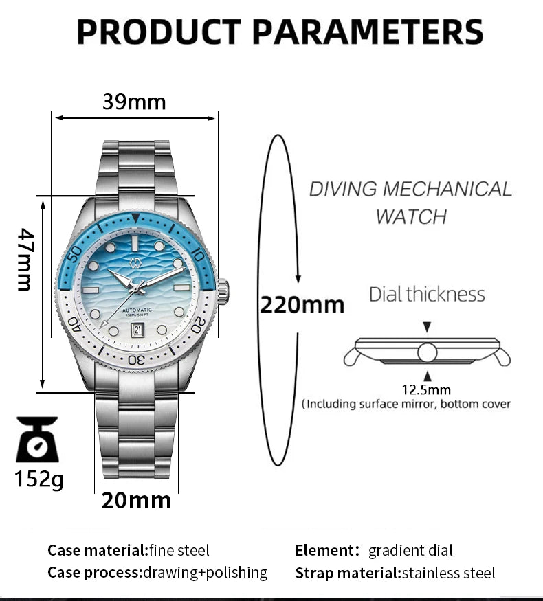 Relógio de Mergulho Automático WISHDOIT para Homem com Mostrador Azul-Oceano e Branco Ondulado, Movimento 8215 e Vidro Safira