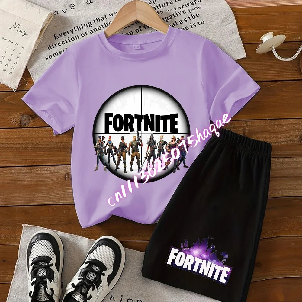 Conjunto infantil de verão Fortnite com t-shirt e calções anime, 2 peças, manga curta, algodão, casual, desportivo, presente