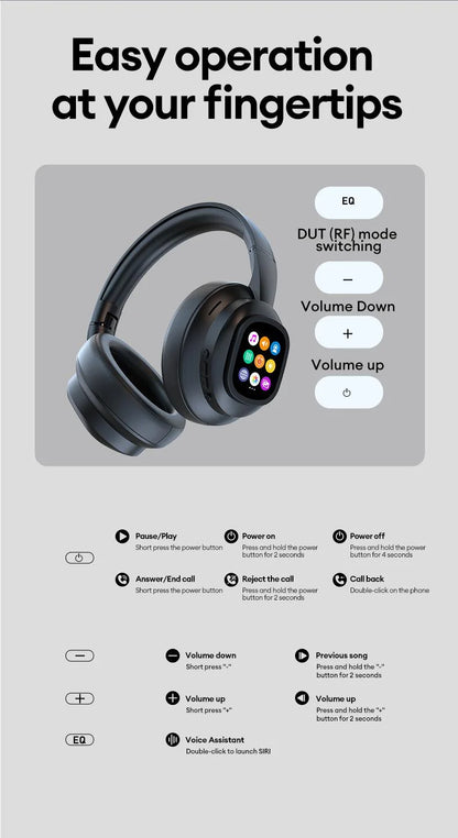 Auscultadores Bluetooth sem fios com ecrã tátil LCD AI – Headset gaming com cancelamento de ruído ANC, graves profundos e microfone HD