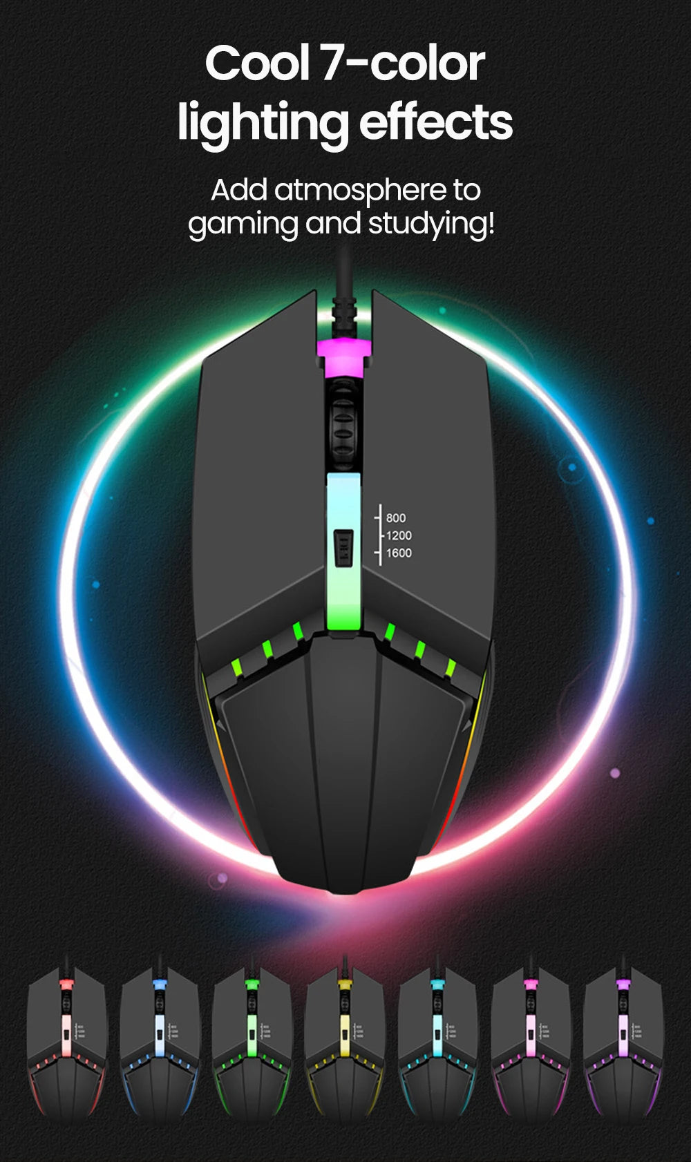 Rato Gaming USB com Fio RGB Retroiluminado e Botão Silenciar, para PC de Secretária, Portátil, Computador, Casa e Escritório, LED Luminoso, 1600DPI