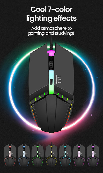 Rato Gaming USB com Fio RGB Retroiluminado e Botão Silenciar, para PC de Secretária, Portátil, Computador, Casa e Escritório, LED Luminoso, 1600DPI