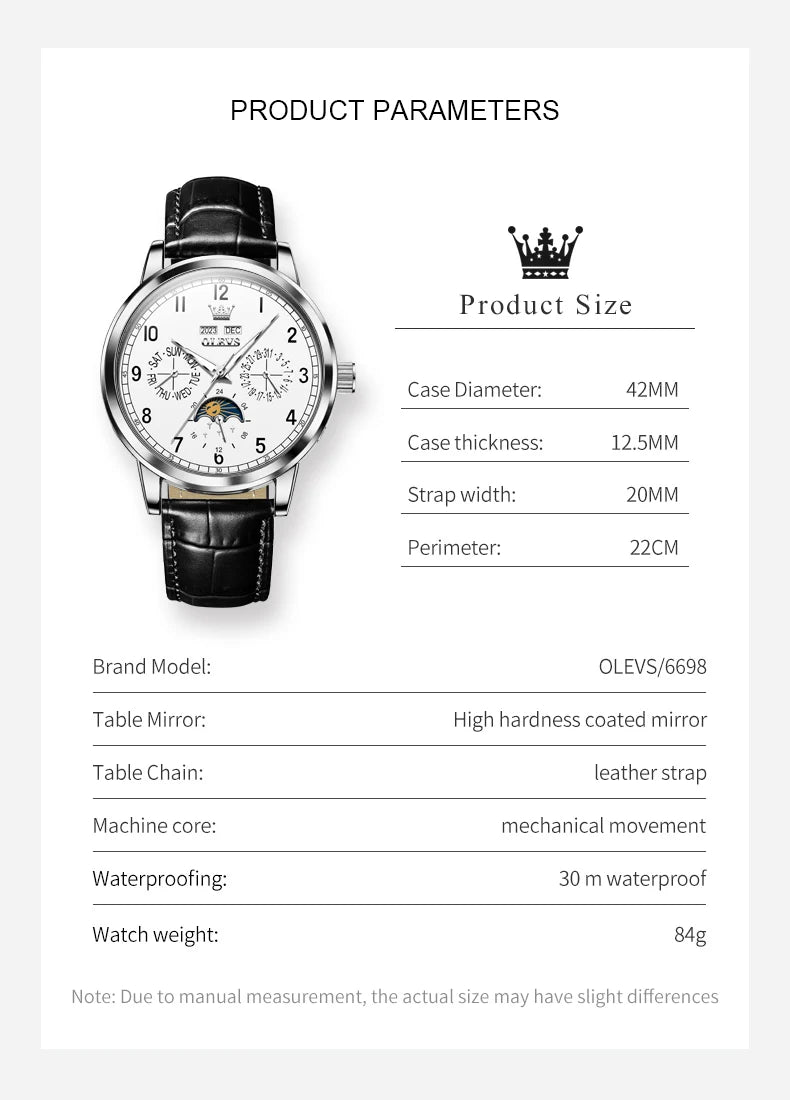 OLEVS 6698 Mens Watch Luxury Dress Brand Moon Phase Automatic Mechanical Watch For Men Leather  Waterproof Dual Calendar Watch