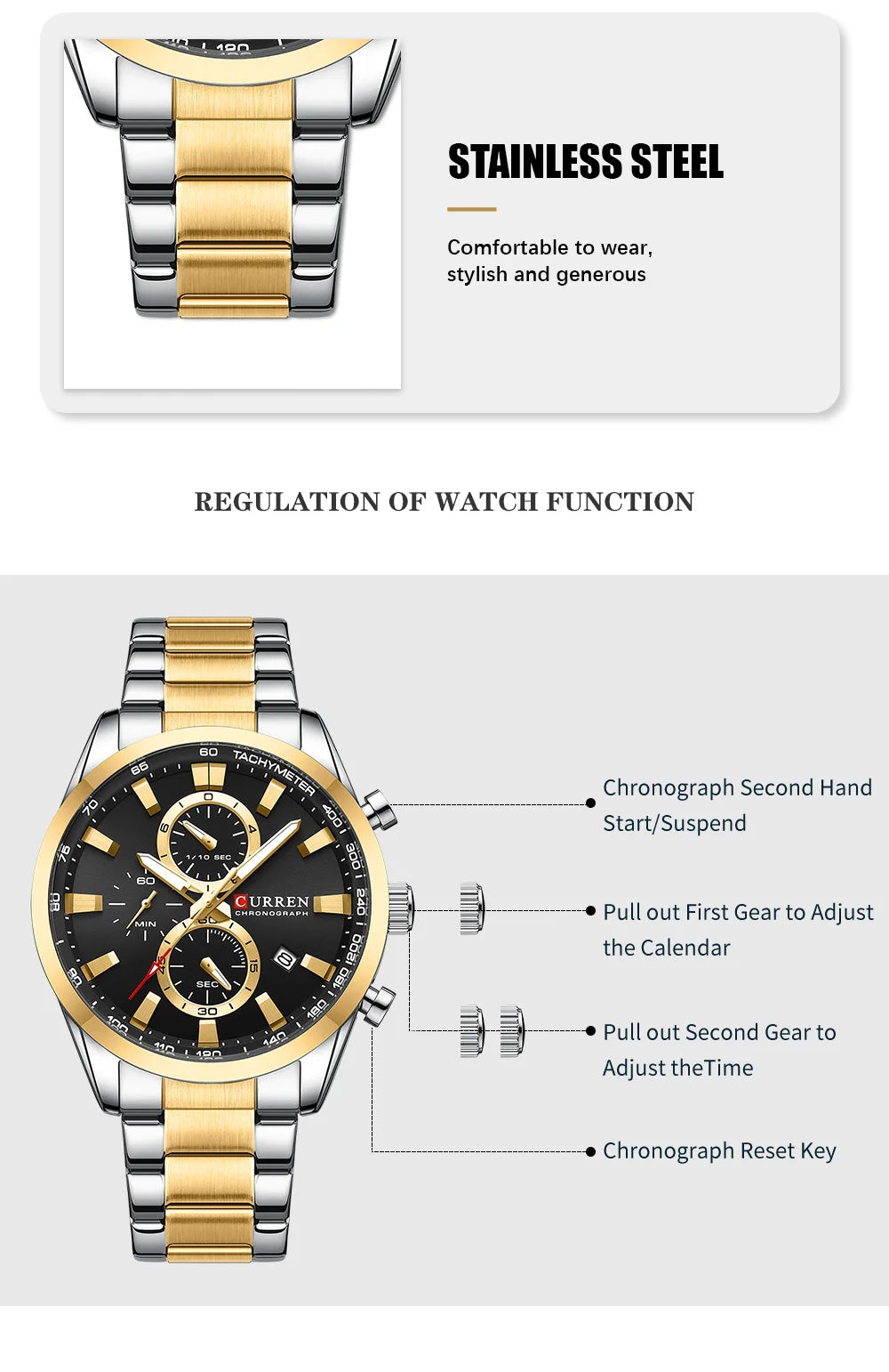 CURREN Quartz Chrono Sport Watch Brands for Men - Stainless Steel Bracelet and Multifunctional Dial