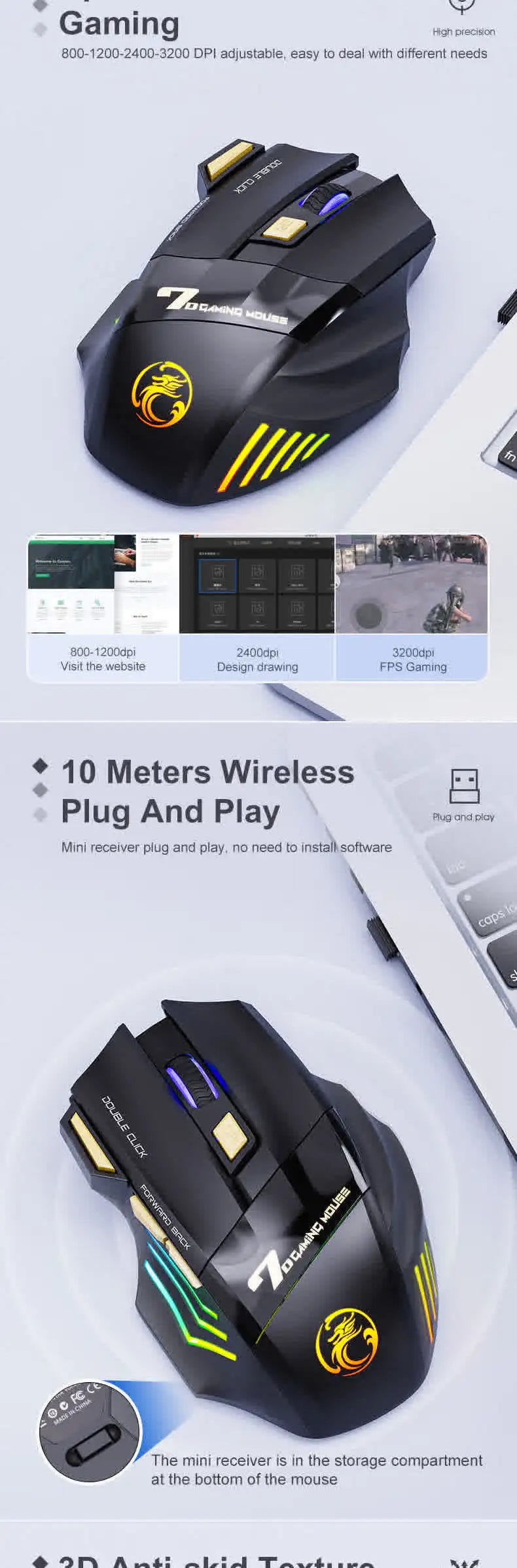 Rato Sem Fios Bluetooth Recarregável para Computador, Rato Gamer Ergonómico com Retroiluminação RGB, Silencioso, para PC