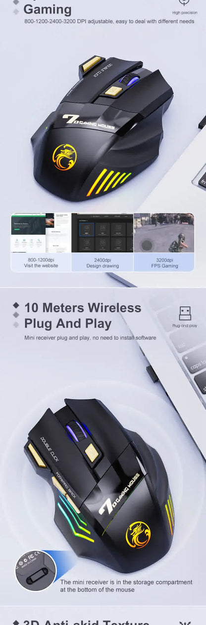 Rato Sem Fios Bluetooth Recarregável para Computador, Rato Gamer Ergonómico com Retroiluminação RGB, Silencioso, para PC