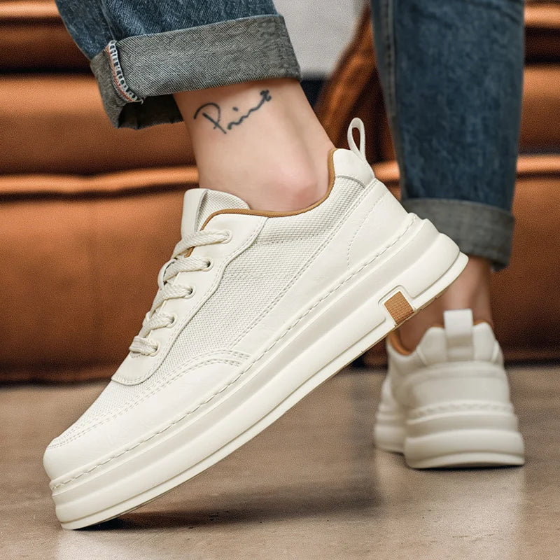 British Style Casual Leather Shoes Men Classic Soft Leather Breathable Lace-Up Walking Shoes Flat Brand Minimalist Driving Shoes