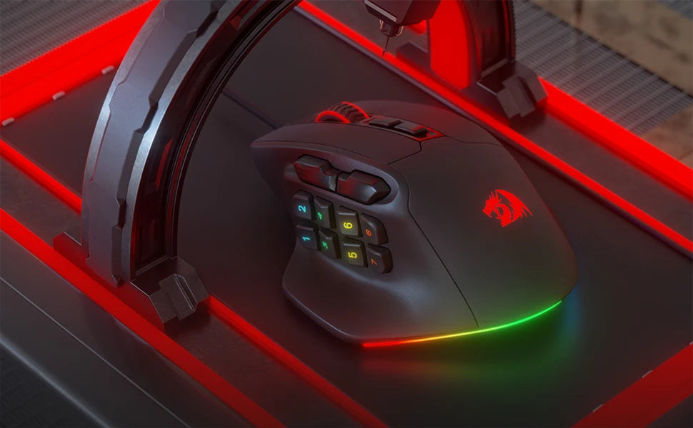 Rato Gaming MMO Redragon M811 Aatrox, rato gamer RGB com fios e 15 botões programáveis, com construção ergonómica para uma pega natural