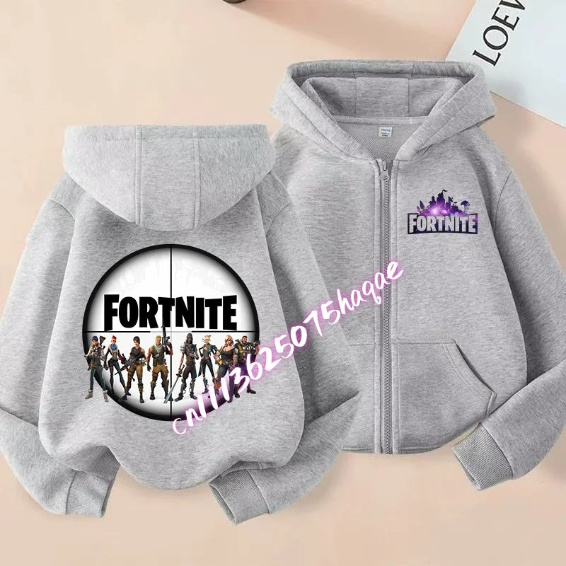 Novo hoodie infantil Fortnite com fecho de correr, estilo cartoon anime, casual e respirável, casaco para meninos, primavera 2026, roupa para criança