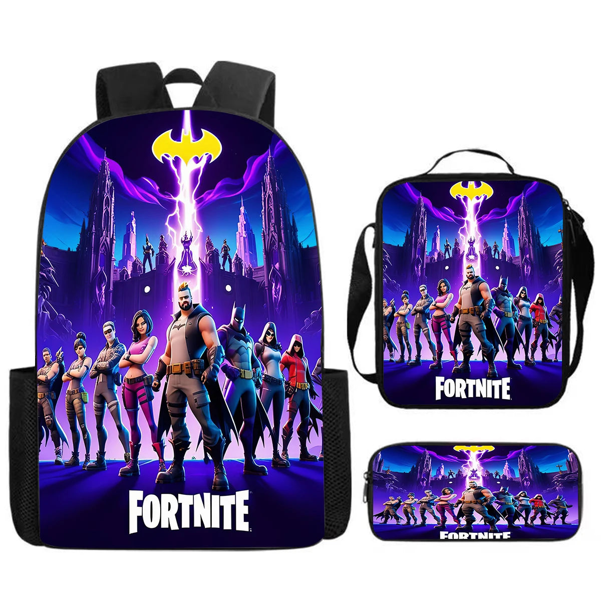 Conjunto Fortnite Cartoon de 3 peças, grande capacidade, adequado para rapazes e raparigas dos 5 aos 8 anos, inclui mochila, lancheira e estojo