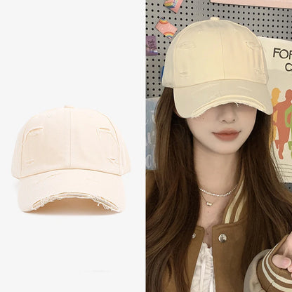 Ny vår- och sommarhatt för män och kvinnor i hiphop-stil, mångsidig, mjuk topp, böjd skärm, retrostil, sliten look med hål och duckbill-form